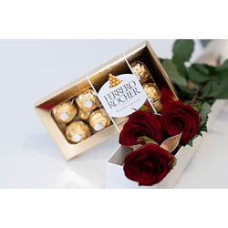 Caja de 3 rosas y bombones Ferrero Rocher