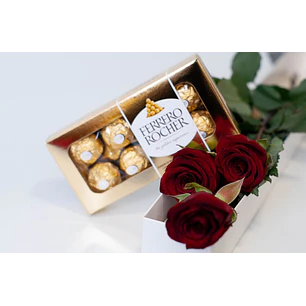 Caja de 3 rosas y bombones Ferrero Rocher