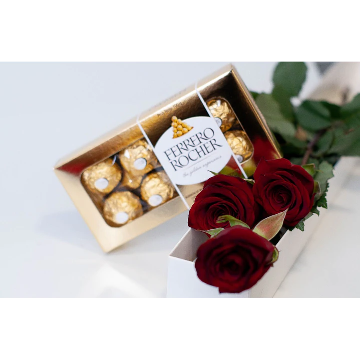 Caja de 3 rosas y bombones Ferrero Rocher 1