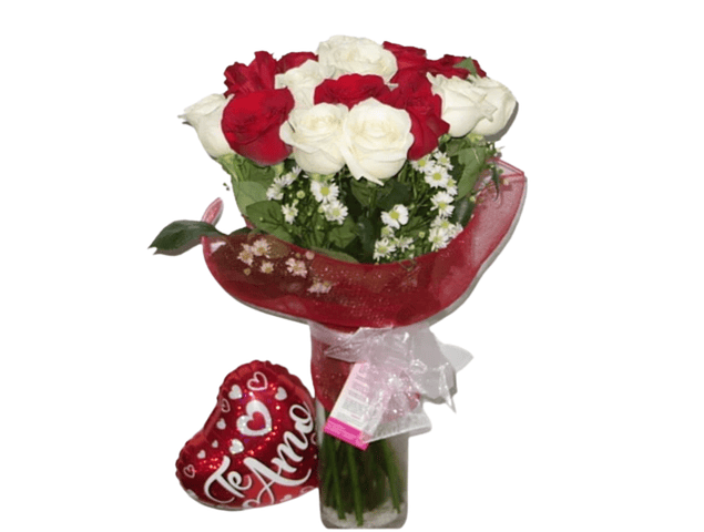 Florero 20 rosas de 2 tonos más globo | Transmite Amor y Pureza 