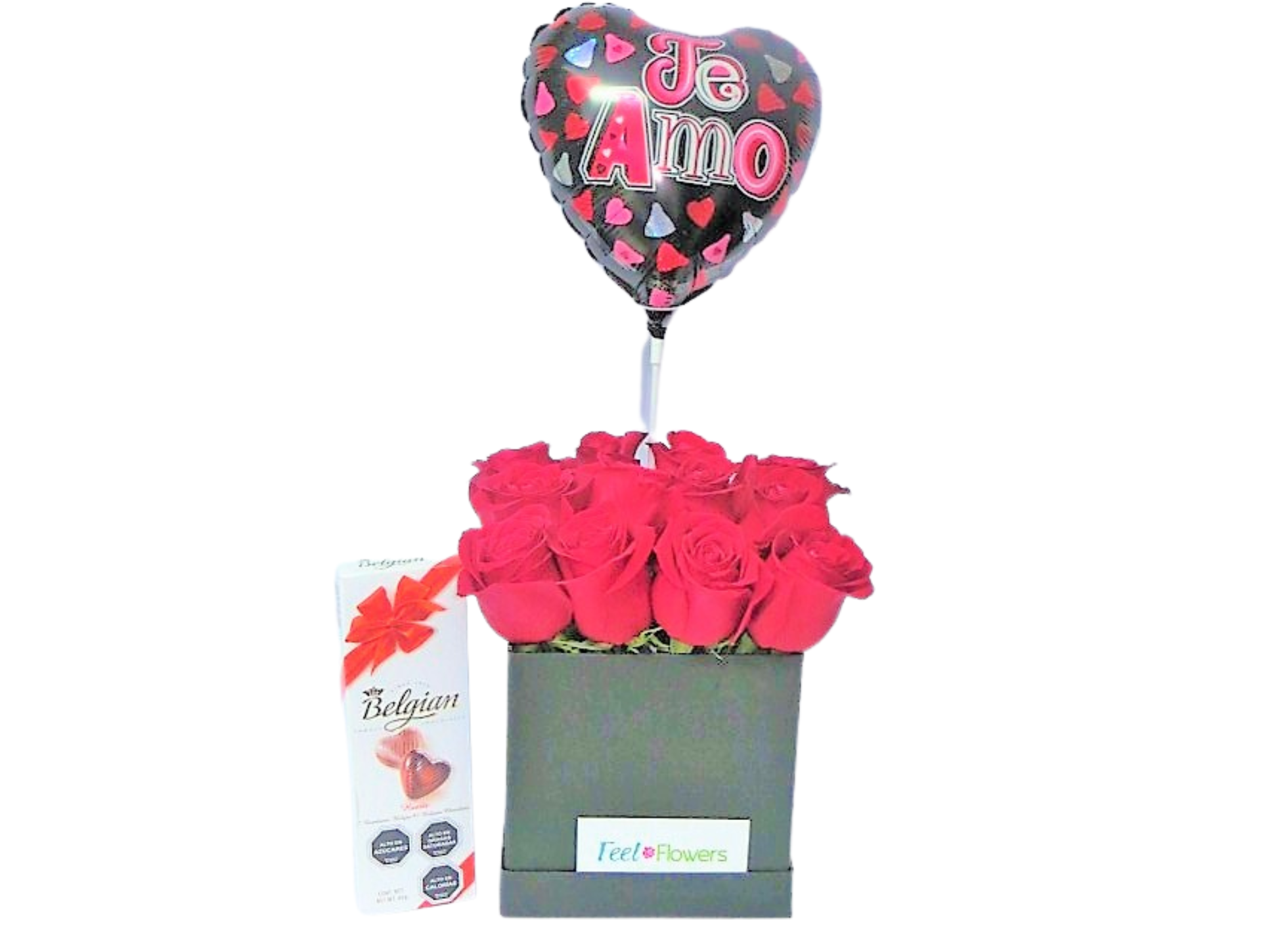 Rosas en cubo negro más chocolates y globo | Regala Amor y Afecto con Diseño Moderno