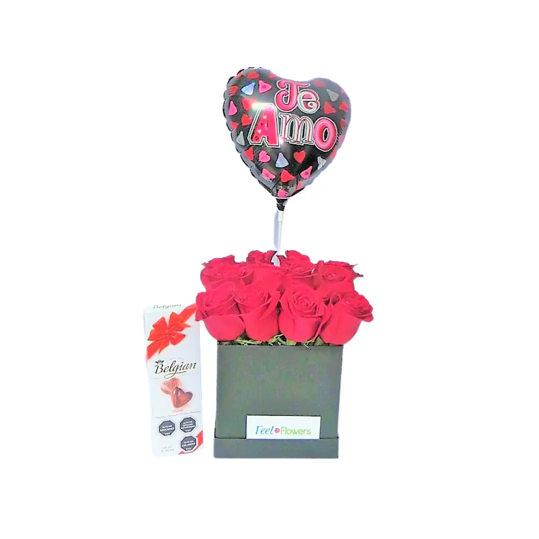 Rosas en cubo negro más chocolates y globo | Regala Amor y Afecto con Diseño Moderno  1