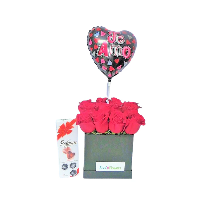 Rosas en cubo negro más chocolates y globo | Regala Amor y Afecto con Diseño Moderno  1