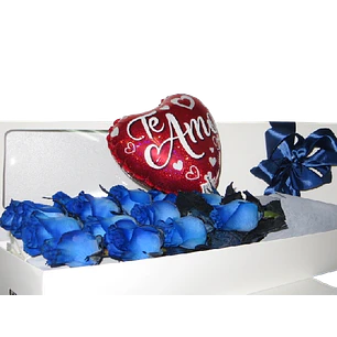 Caja de 12 rosas azules más globo | Transmite Confianza y Tranquilidad