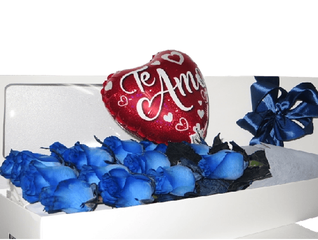 Caja de 12 rosas azules más globo | Transmite Confianza y Tranquilidad