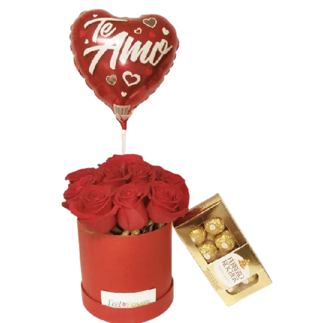 12 rosas en caja redonda más globo y bombones | Regala Dulzura de Amor 1