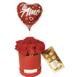 12 rosas en caja redonda más globo y bombones | Regala Dulzura de Amor