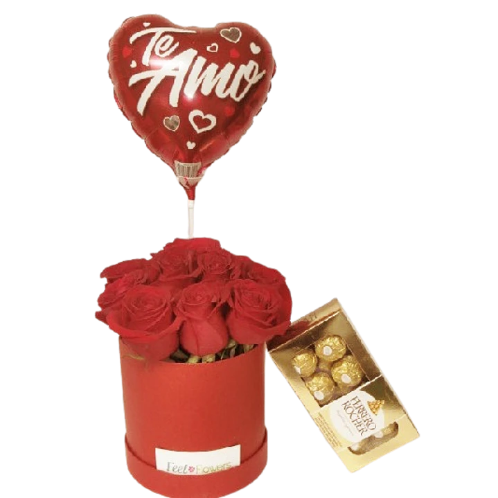 12 rosas en caja redonda más globo y bombones | Regala Dulzura de Amor 1