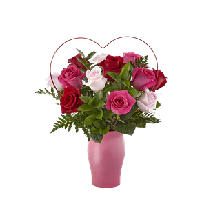 Florero 12 rosas colores con corazón