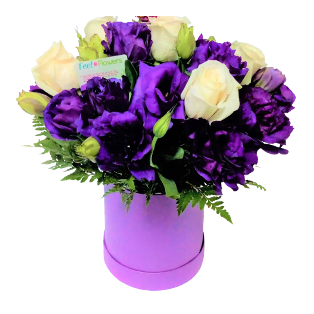 Rosas y lisianthus en caja morada 1