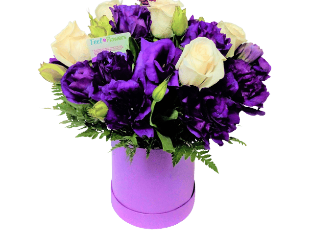 Rosas y lisianthus en caja morada | Feel Flowers | Feel Flowers
