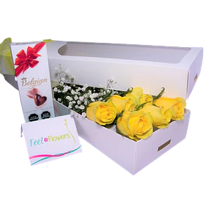 Caja de 6 Rosas y chocolates Belgian | Regala Caja de Felicidad