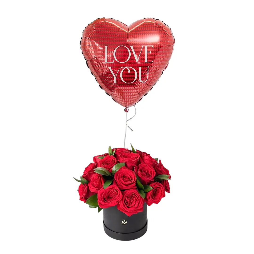 15 Rosas en box negro y globo amor 1
