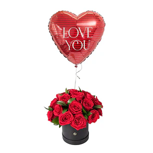 15 Rosas en box negro y globo amor