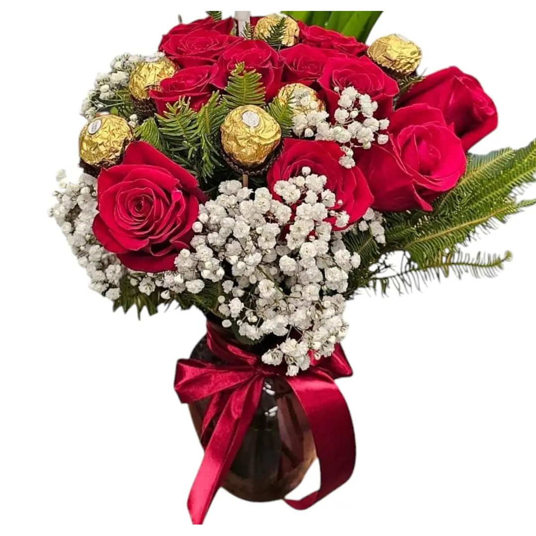 Florero 10 rosas y bombones Ferrero Rocher 1