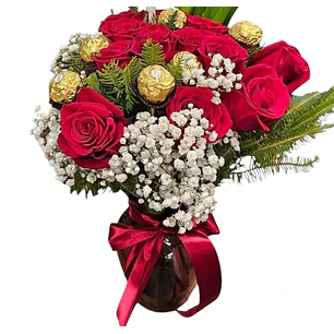 Florero 10 rosas y bombones Ferrero Rocher