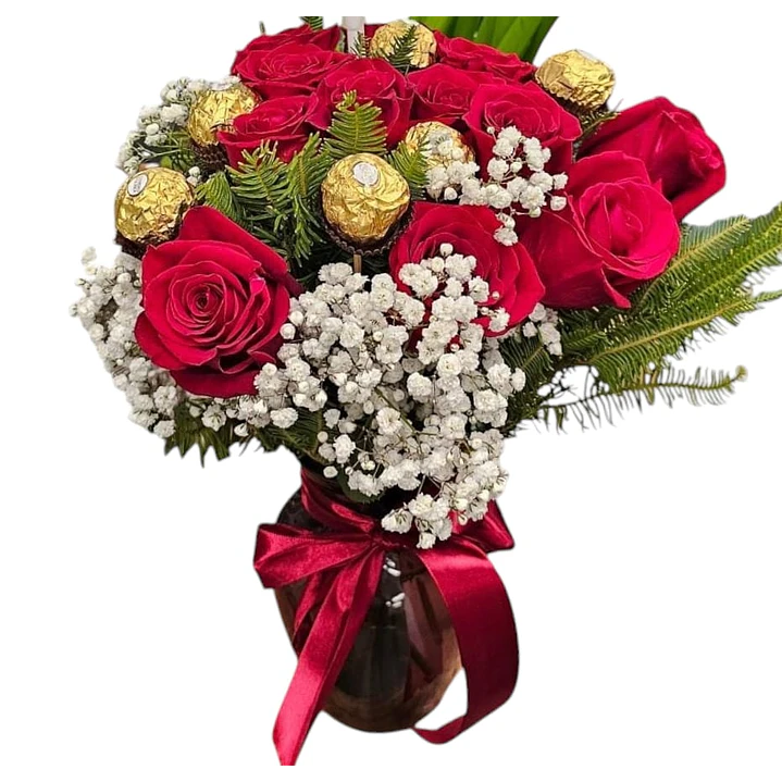 Florero 10 rosas y bombones Ferrero Rocher 1