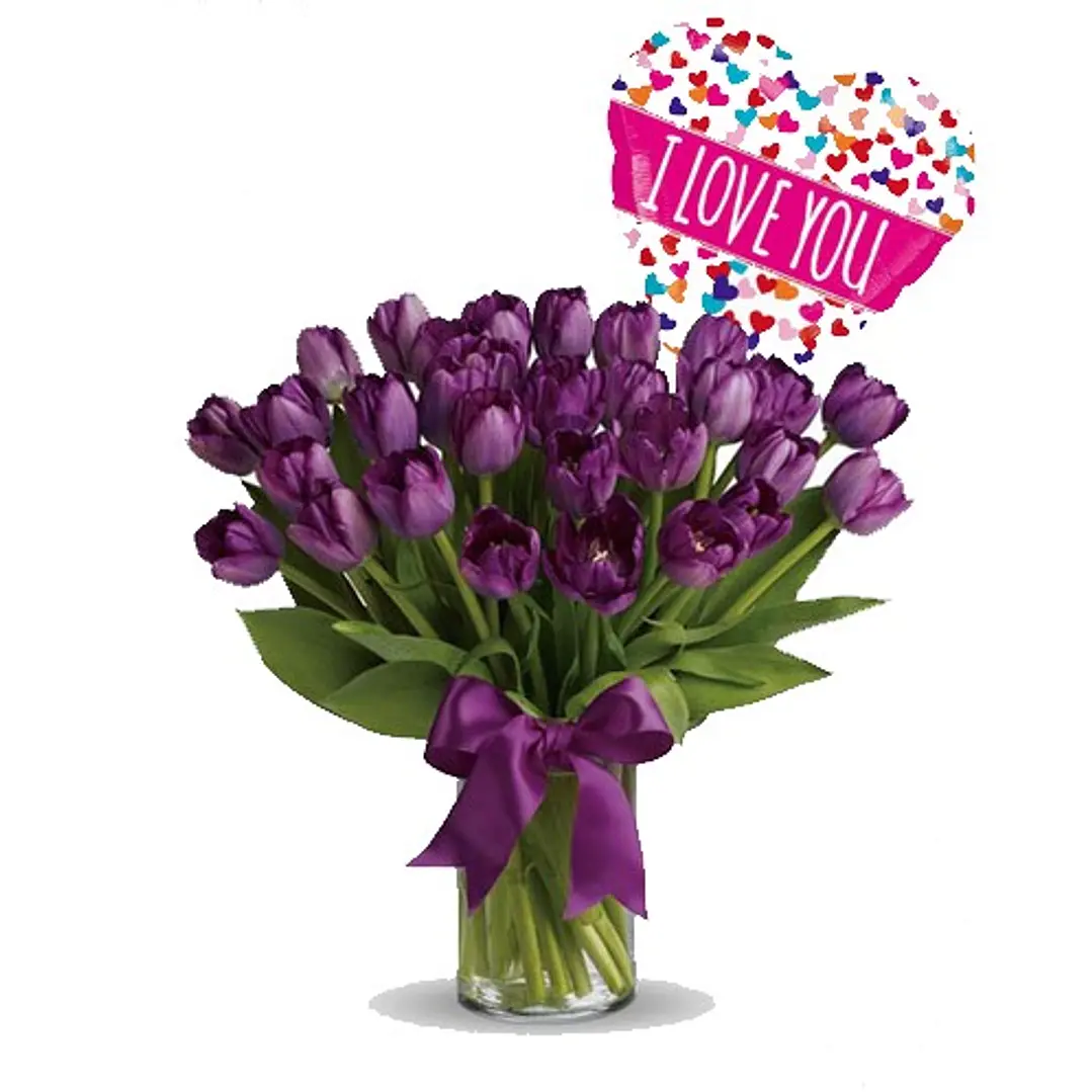 Florero de 30 tulipanes y globo metálico | Regala Alegría y Color  1