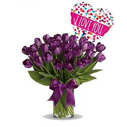 Florero de 30 tulipanes y globo metálico | Regala Alegría y Color 