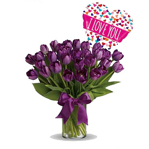 Florero de 30 tulipanes y globo metálico | Regala Alegría y Color 