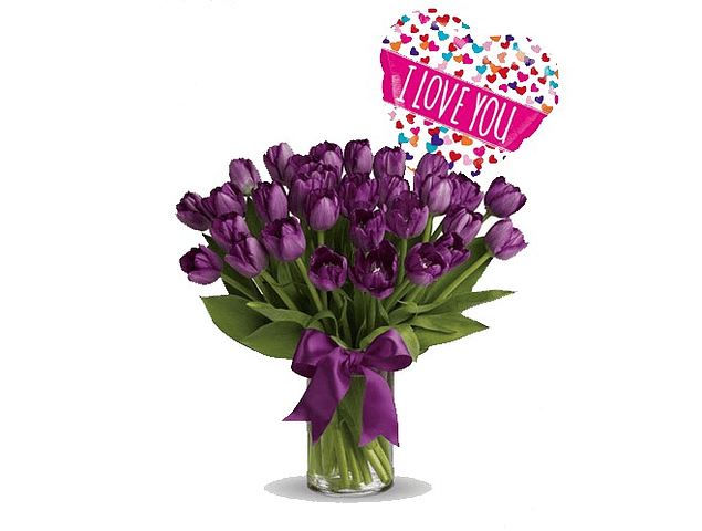 Florero de 30 tulipanes y globo metálico | Regala Alegría y Color 