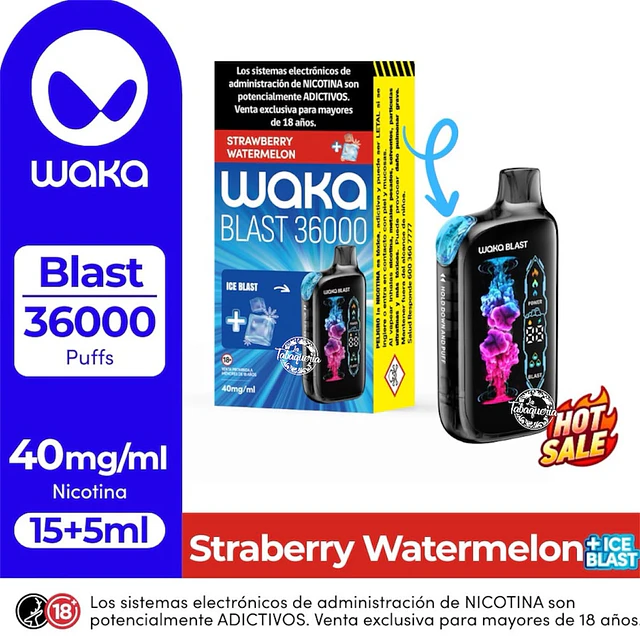 Vape Waka Blast 36.000Puffs Frutilla Sandia+Ice Blast  $22.990xMayor  