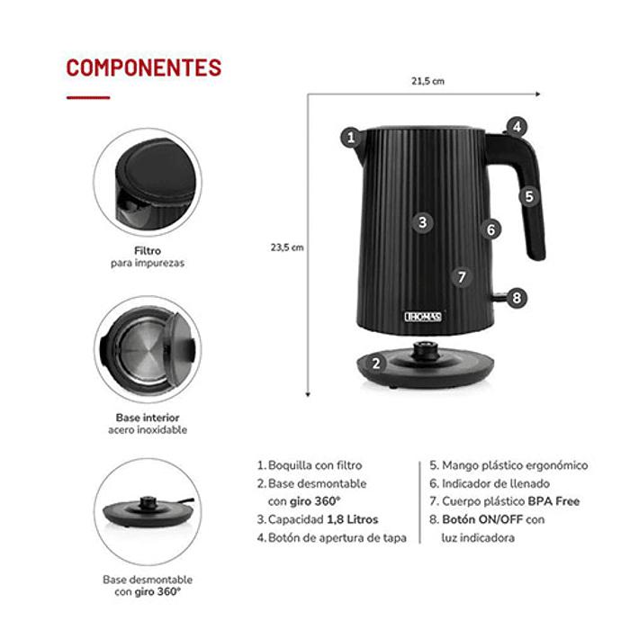 HERVIDOR THOMAS TH-4343N 1.8 LITROS 4