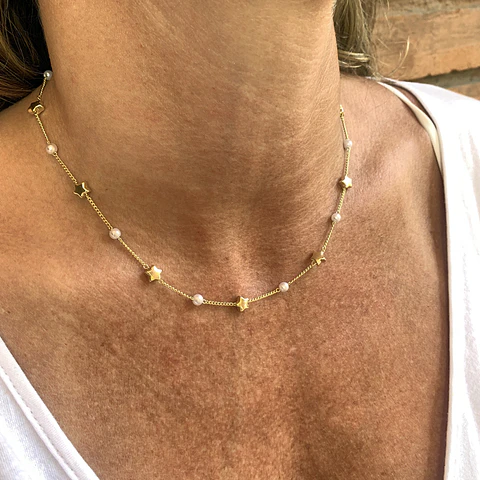 COLLAR PEARL & STAR | BAÑO ORO