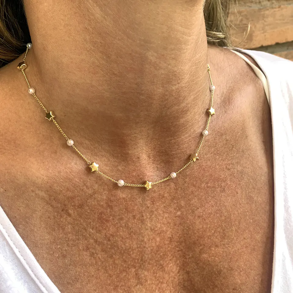 COLLAR PEARL & STAR | BAÑO ORO 1