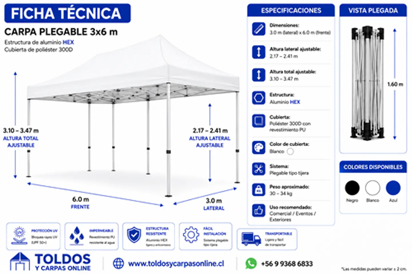 Toldos Aluminio Hexagonales 3x6 Colores 3