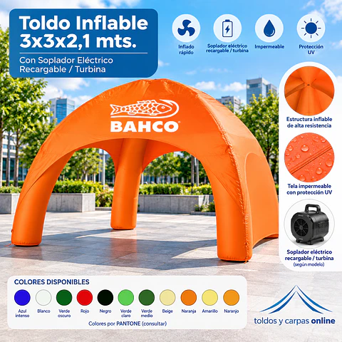 Toldo Inflable 3x3x2,1 mts.Colores con  Soplador Electrico Recargable/ Turbina