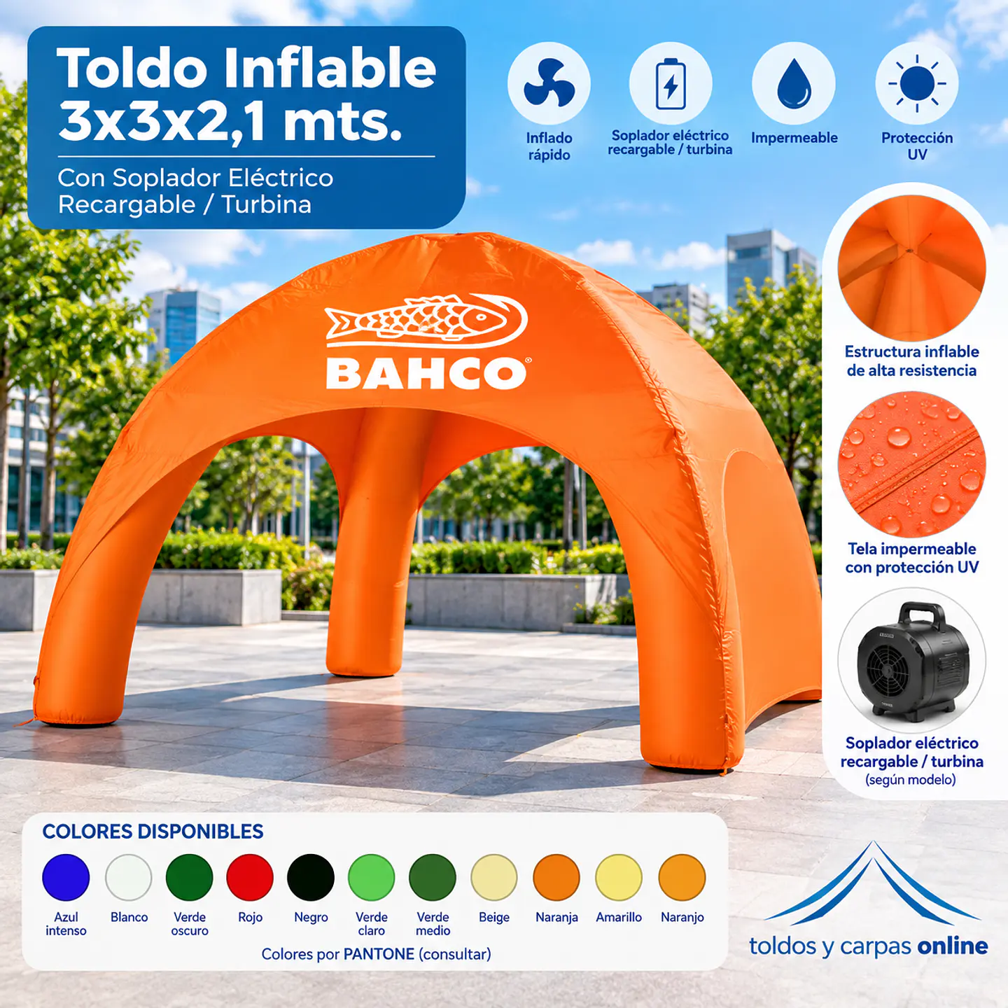Toldo Inflable 3x3x2,1 mts.Colores con  Soplador Electrico Recargable/ Turbina 1