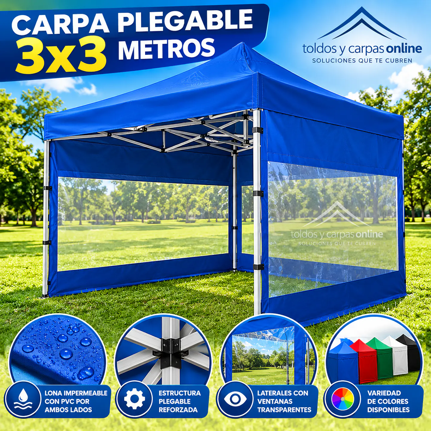 Toldo 3x3 auto armable con laterales con MICA Ventana 1
