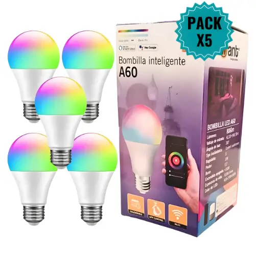 Pack X5 Ampolletas Inteligente Wifi Rgb E27 10W 1