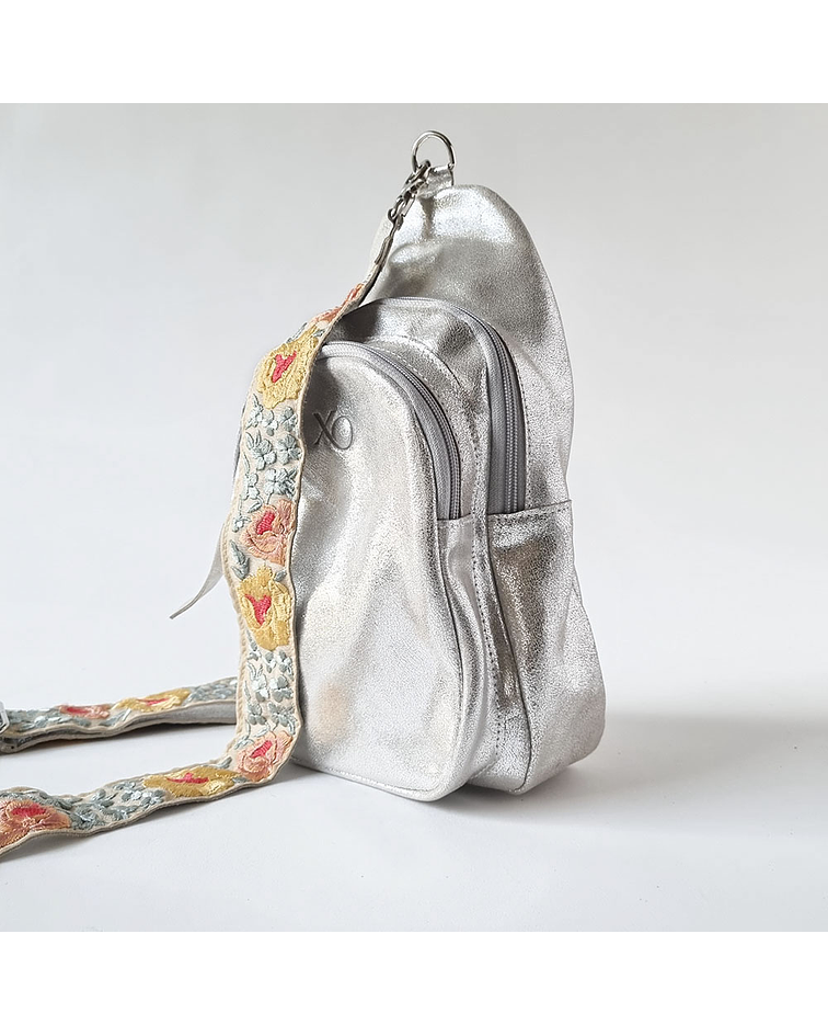 Portugal Crossbody Mochila Cuero Plata Flores Amarillo