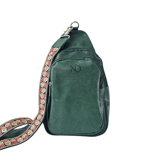 Portugal Crossbag Mochila Cuero Verde Metalizado Flores Rojas