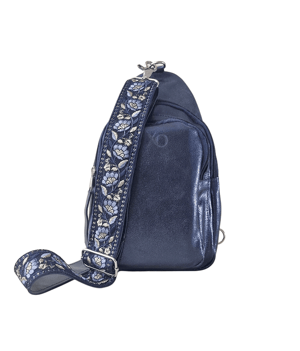 Portugal Crossbag Mochila Cuero Metalizado Azul Marino