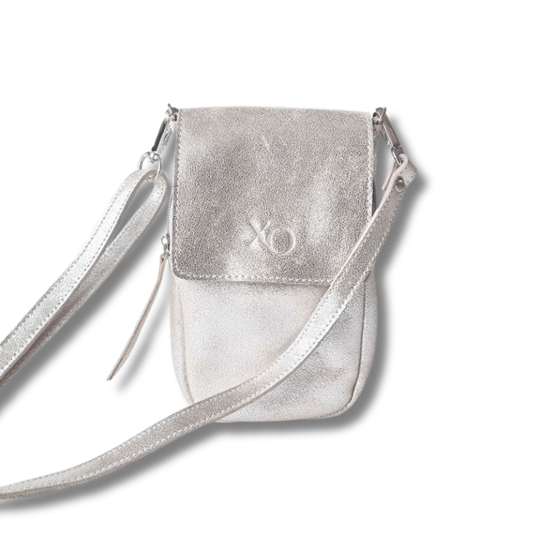 Turin Cartera Bandolera Cuero Plata Brillo Correa Clásica