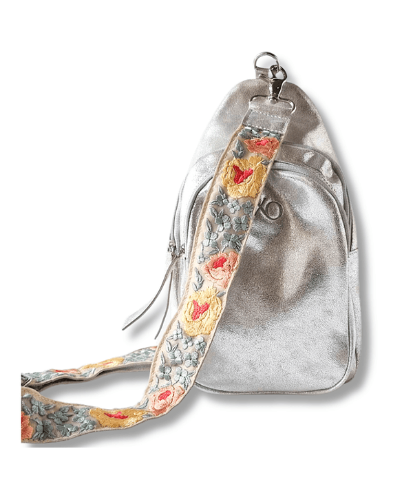 Portugal Crossbody Mochila Cuero Plata Flores Amarillo