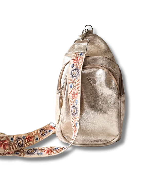 Portugal Crossbody Mochila Cuero Dorado Flores
