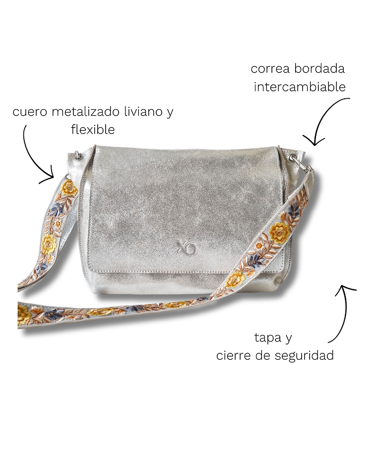 Bruselas Bandolera Cuero Plata Strap Bordado