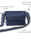 Bruselas Bandolera Cuero Azul Marino Metalizado Strap Bordado