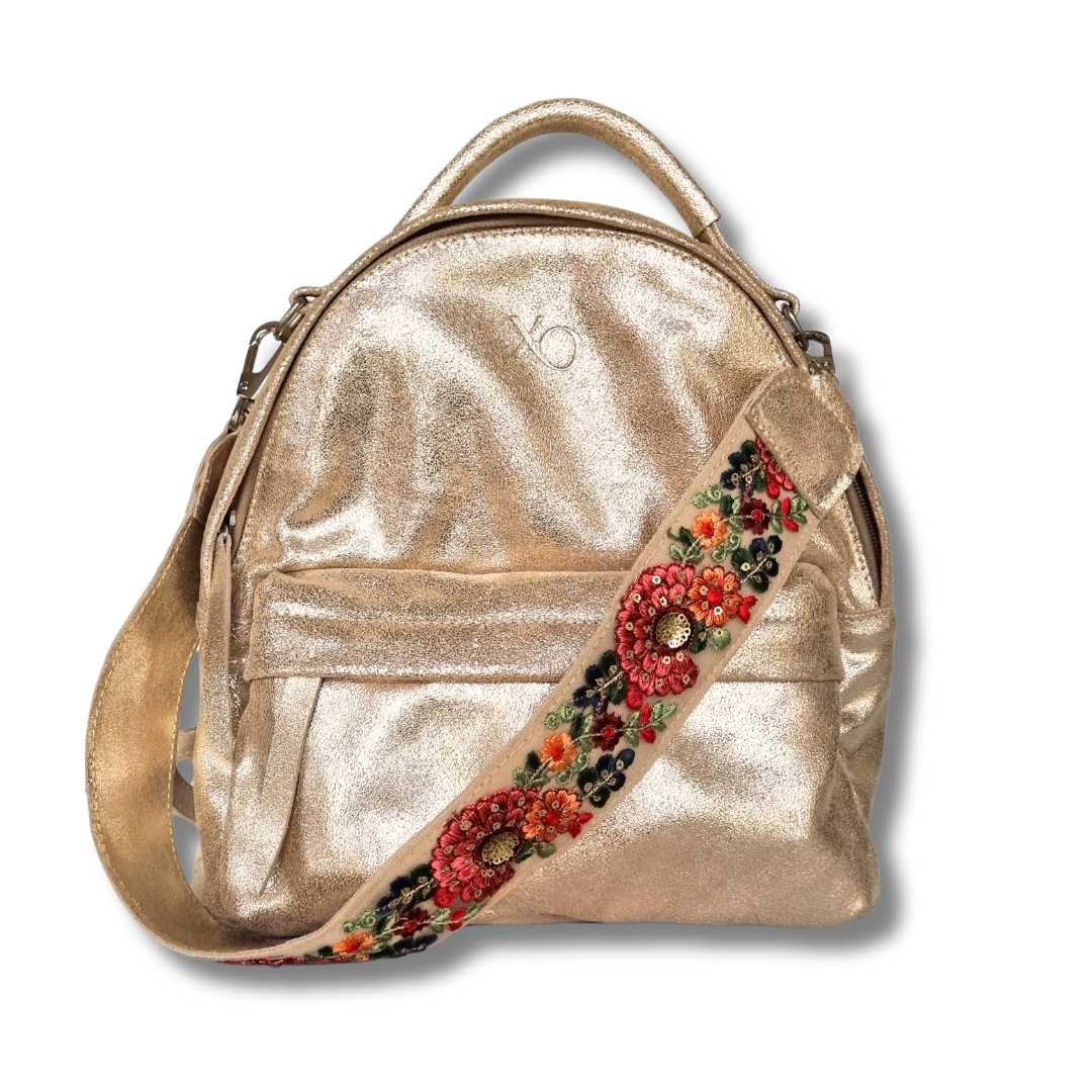 Irlanda Mochila Cuero Dorado Forrada Correa Bordada II