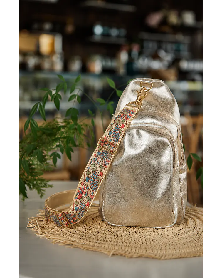 Portugal Crossbody Mochila Cuero Dorado Flores