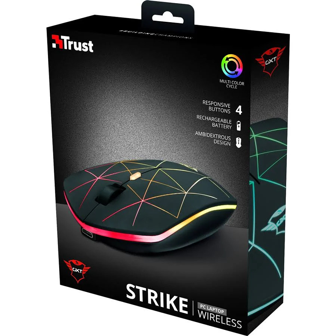 Mouse Gamer Trust GXT 117 Strike Wireless RGB 1400 DPI, Batería recargable integrada, Led 2