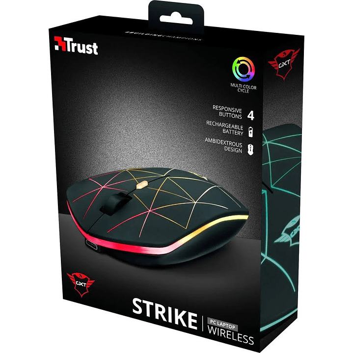 Mouse Gamer Trust GXT 117 Strike Wireless RGB 1400 DPI, Batería recargable integrada, Led 2