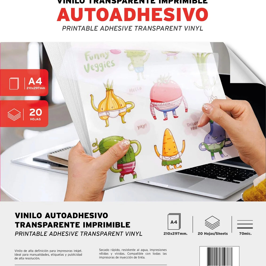 VINILO ADHESIVO TRANSPARENTE IMPRIMIBLE A4 - 70mic - 20 HOJAS 1