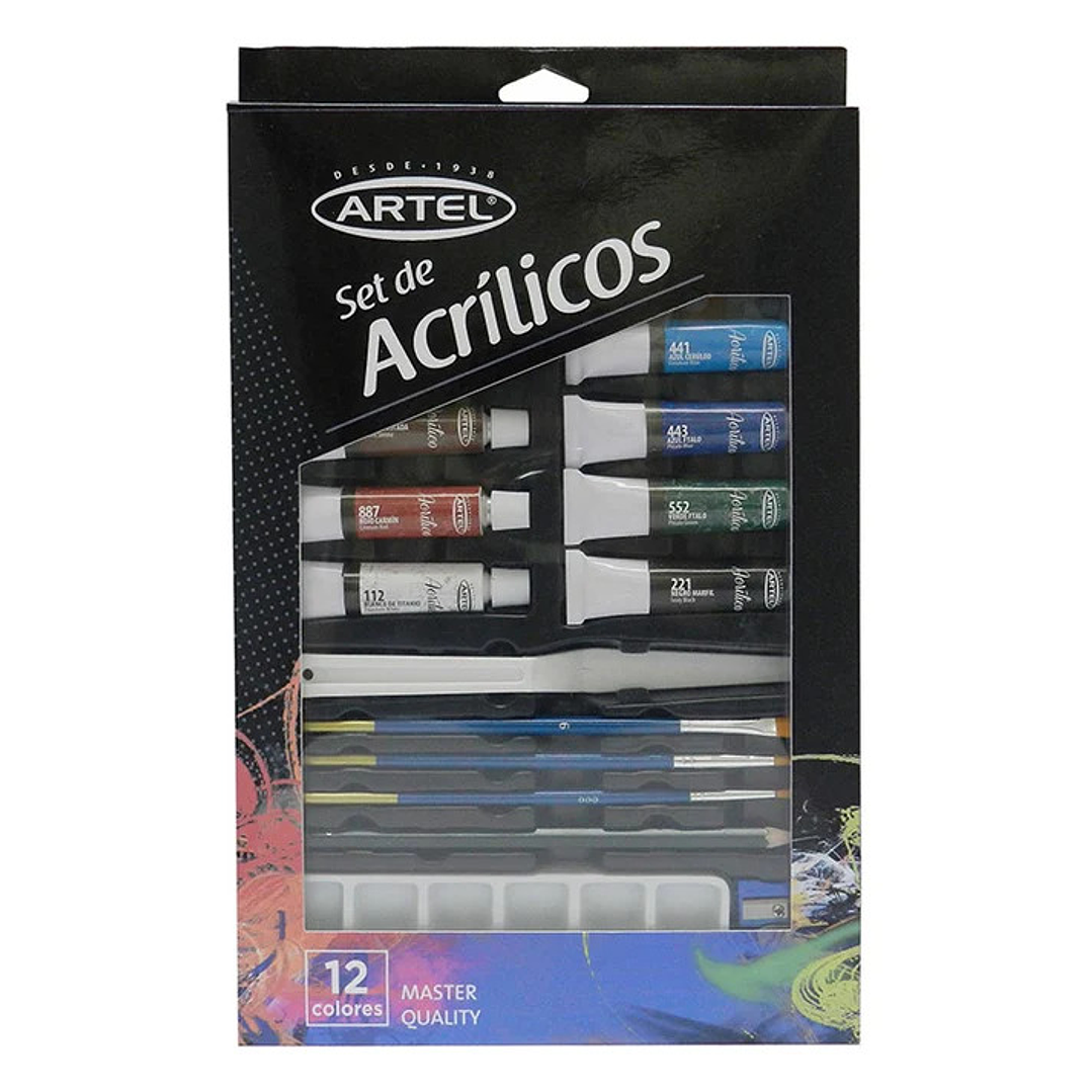Set Acrilicos 12 Colores Basicos + Herramientas Artel 2