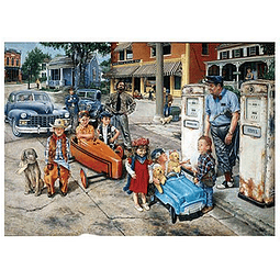 Puzzle 1000 piezas - Gasolinera antigua con niños en sus autos de juguete