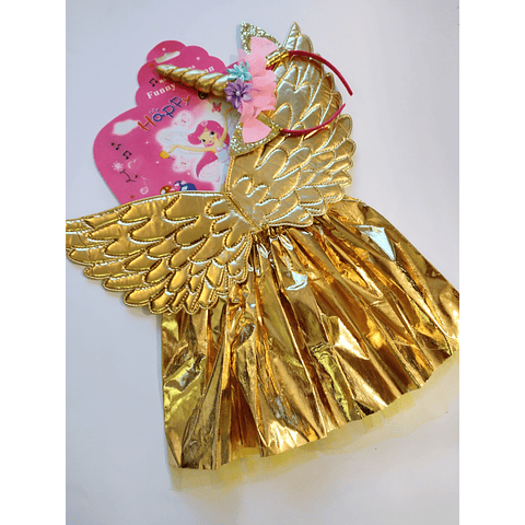 Disfraz de niña, dorado, tutu con alas + cintillo 